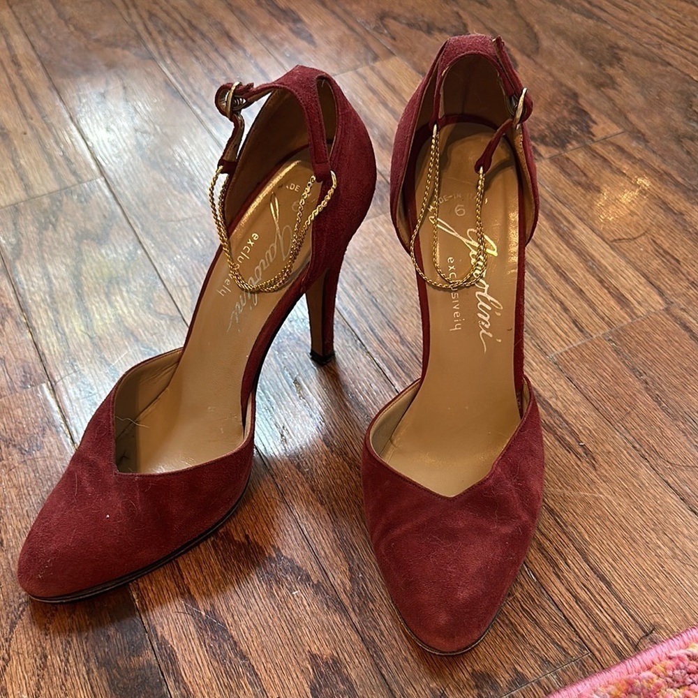 Vintage Jarolini Red Suede Heels with Gold Chain Detail